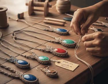 Joyero artesano creando joyería hecha a mano con cristales en un banco de trabajo al aire libre.