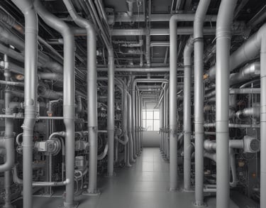 Complex MEP systems interconnected in a vivid BIM visualization.