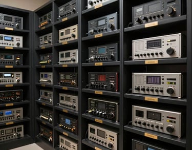 The interior of a radio archive room with neatly organized equipment and sleek black shelving with gold identification labels.