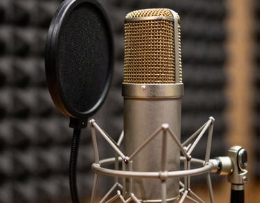 A detailed shot of a condenser microphone with a gold pop filter in a professional radio booth with dark acoustic treatment.