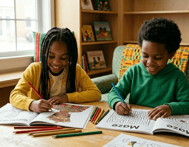 Black children joyfully coloring activity books