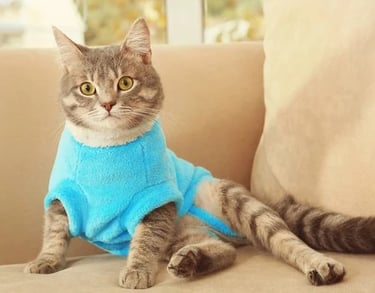 Un adorable gato atigrado con un cómodo suéter azul de forro polar sentado en un sofá beige 