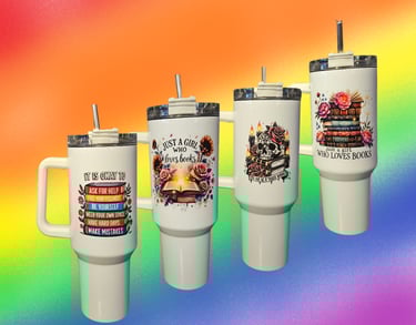 a group of mugs with a rainbow colored background
