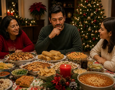 Hombre de 50 años en cena de navidad eligiendo con criterio que comerá