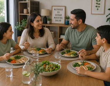 Familia teniendo un momento de convivencia durante la hora de la comida