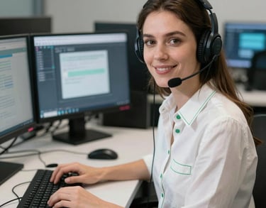 an AI agent receptionist woman with a headset and a laptop
