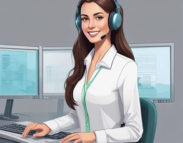 an AI agent receptionist woman with a headset and a laptop