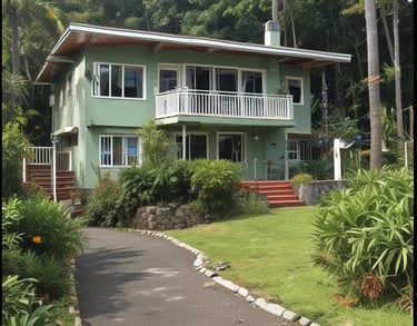 A two-story sage green tropical home with a balcony, lush garden, and a paved driveway surrounded by palm trees.