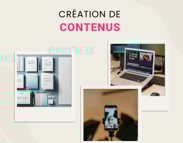 Digital content creation services showing video editing, photography, and graphic design branding.