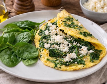 Tortilla de espinacas con queso feta, desayuno saludable bajo en carbohidratos rico en proteínas y h