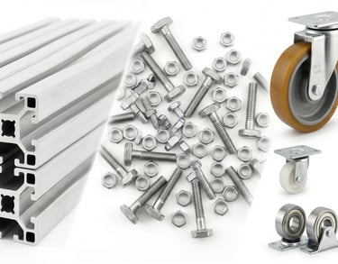 T-slot aluminum extrusion profiles, steel bolts, nuts, and industrial caster wheels for framing systems.