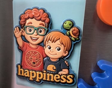 Two boys on a magnet in relief print