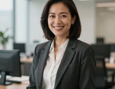 Professional portrait of a woman in business casual attire in a bright office, North American / US, smiling warmly, soft bokeh background.