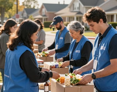 A food distribution event in a North American suburb, organized and clean, volunteers in slate blue vests helping neighbors, warm morning sunlight.