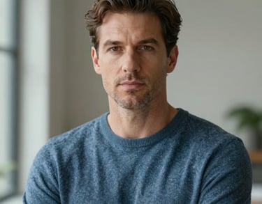 Portrait of a distinguished man in a slate blue sweater, looking forward with confidence and compassion, North American professional, soft natural lighting.