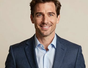 Portrait of a man in professional North American attire, soft smile, slate blue and creamy pearl tones in the background, high-end photography.