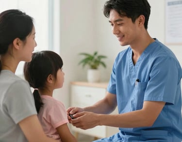 A heart-warming scene of a North American family receiving a wellness checkup in a bright, clean clinic, soft lighting, professional and compassionate mood.