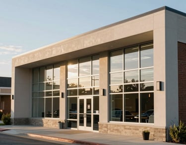 A bright, warm photography of a modern community resource center in a North American neighborhood, clean architecture with large windows reflecting a soft sky blue sky.