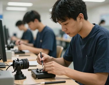 A vocational training workshop in a North American facility, focused on a young adult learning a new skill, clean and professional environment, warm lighting.