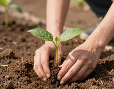 A close-up of hands planting a young sapling in a community garden, soft sunlight, warm terracotta tones in the soil, North American setting, conveying growth and stability.