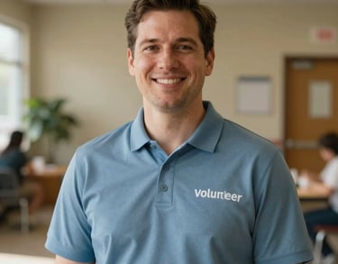 Portrait of a male volunteer in a slate blue polo shirt, smiling, North American community center setting, warm sunbeams, professional quality.