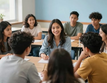 A diverse group of North American youth gathered in a sunny classroom, focused on a mentorship activity, warm and optimistic atmosphere, soft sky blue accents.