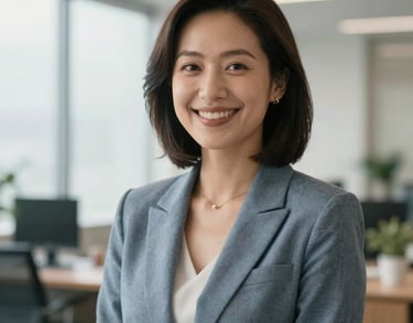 Portrait of a smiling woman in a North American setting, wearing a warm gray-blue blazer, bright and optimistic office environment, soft lighting.