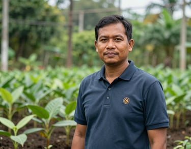 Portrait of a Southeast Asian man, environmental scientist style, wearing a polo shirt with a foundation logo, standing in a lush nursery of tree seedlings.
