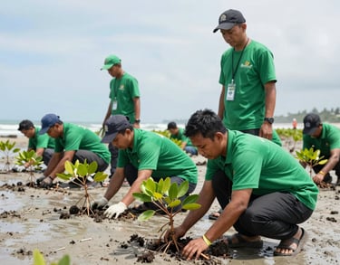 A group of Southeast Asian volunteers and staff in green uniforms planting mangrove trees on an Indonesian coastline, bright daylight, high tide, focused on environmental action.