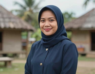 Portrait of a professional Southeast Asian woman, specialist in community engagement, outdoors in an Indonesian village setting, friendly and professional.