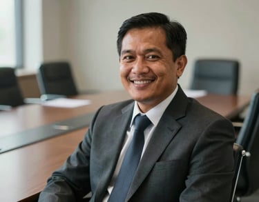 Portrait of a Southeast Asian man in a professional suit, smiling confidently in a corporate boardroom setting in Indonesia, soft natural lighting.