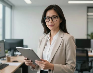 Portrait of a Southeast Asian woman expert, wearing professional attire and glasses, holding a tablet with data charts, in a clean and modern Indonesian office.