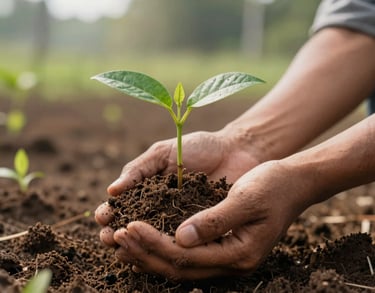 A close-up photography of a young green sapling being held by Southeast Asian hands, preparing for planting in an Indonesian reforestation site, soft morning light, rich soil texture.