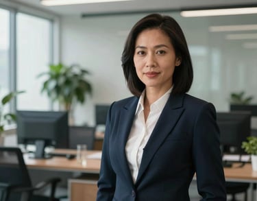Portrait of a Southeast Asian woman in professional business attire, standing in a bright modern office with plants, representing environmental leadership and integrity.
