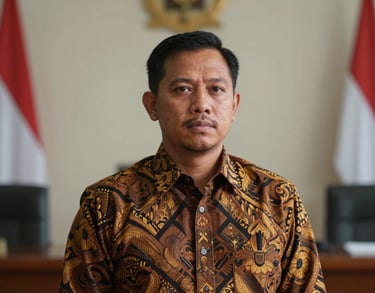 Portrait of a professional Southeast Asian man, appearing as a legal expert, wearing a batik shirt in a formal Indonesian legal setting, trustworthy expression.