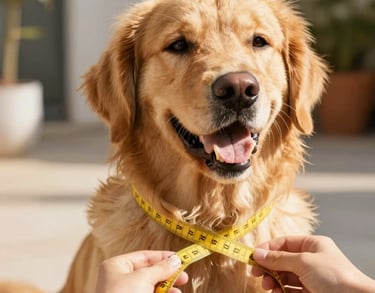 Un golden retriever al que le están tomando las medidas para un arnés con una cinta métrica.