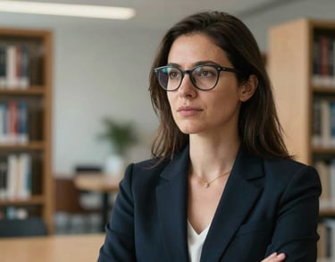 A portrait of an International / English-speaking professional woman with glasses, looking thoughtful in a modern, minimal library setting.