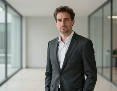 A professional portrait of an International / English-speaking professional man in a tailored suit, standing in a clean, minimalist architectural space with glass walls.