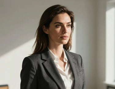 A professional photography portrait of a woman in business attire, International / English-speaking professional, looking confident in a sunlit, minimal studio.