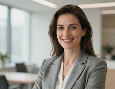 A professional portrait of an International / English-speaking professional woman in a grey blazer, smiling warmly in a bright, modern interior with soft lighting.