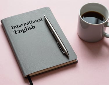 A high-angle photograph of an elegant workspace featuring a grey notebook, a sleek pen, and a ceramic mug on a light pink surface, International / English-speaking professional setting.
