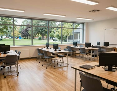 A wide-angle photograph of a bright, modern learning studio with light wood floors and large windows looking out onto a park, International / English-speaking professional setting.