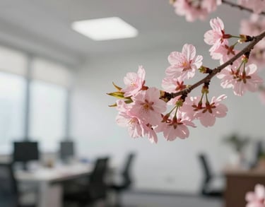 A close-up photograph of a minimalist, light pink cherry blossom branch against a clean, out-of-focus modern office background with soft natural morning light.