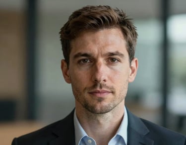 A headshot of a professional looking directly into the camera with a calm demeanor, International / English-speaking professional, soft background bokeh.