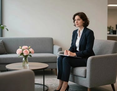 An interior shot of a minimalist lounge area with grey furniture and subtle light pink floral arrangements, International / English-speaking professional environment.