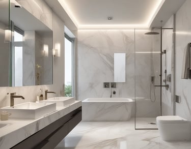 Modern luxury bathroom featuring white marble tiles, a double vanity, glass walk-in shower, and soaking tub