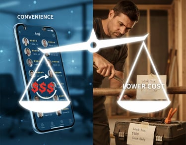 Infographic comparing Angi platform convenience versus independent contractor cost savings for rental property repairs.