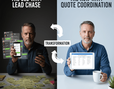 Lead Chase vs. Quote Coordination". High-quality, realistic style, 16:9 aspect ratio.