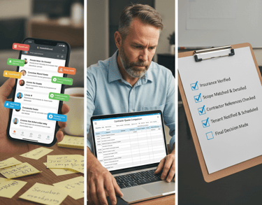 Professional landlord workflow showing the transition from Thumbtack leads to organized repair coordination.