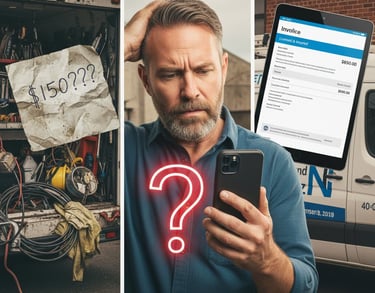 Landlord confused by widely different repair quotes on phone screen, showing a low estimate vs a high professional bid.